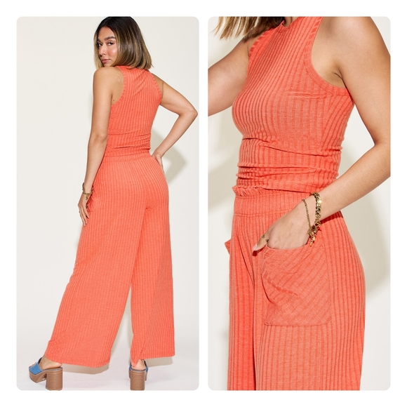 Daring Orange Ribbed Tank and Wide Leg Pants Set - Picture 6 of 8